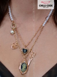 Perličkový náhrdelník s přívěsy a kamejí - Antik Head